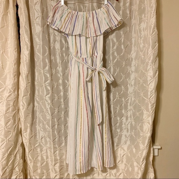 GAP Strapless White Pastel Metallic Stripe Ruffle Dress - Picture 3 of 13